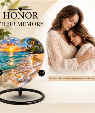 Beach Sunset Cremation Urn for Ashes, Tropical Ocean Memorial Urn, Heart Shaped Beach Urn, Personalized Coastal Urn,