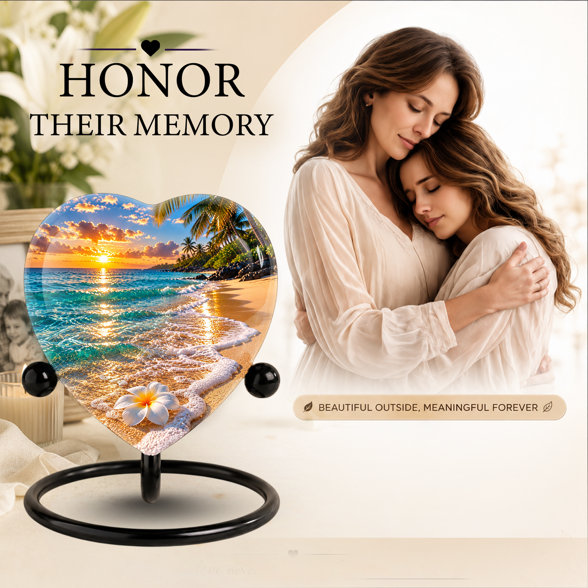 Beach Sunset Cremation Urn for Ashes, Tropical Ocean Memorial Urn, Heart Shaped Beach Urn, Personalized Coastal Urn,