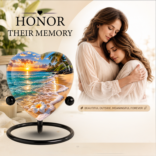 Beach Sunset Cremation Urn for Ashes, Tropical Ocean Memorial Urn, Heart Shaped Beach Urn, Personalized Coastal Urn,