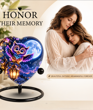 Heart-Shaped Owl Cremation Urn for Ashes – Personalized Night Sky Memorial Urn