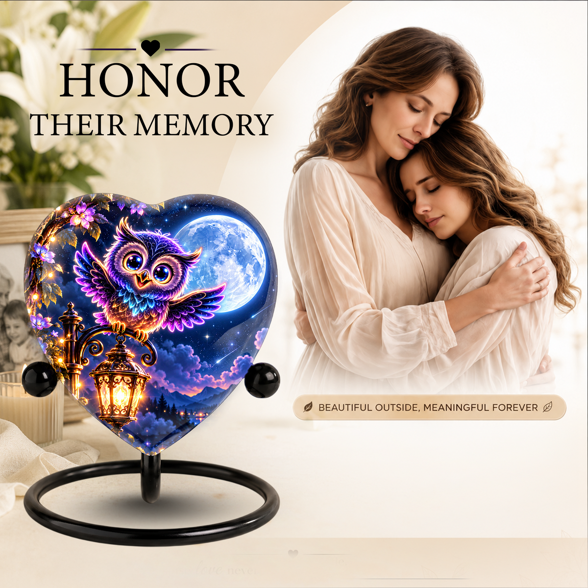 Heart-Shaped Owl Cremation Urn for Ashes – Personalized Night Sky Memorial Urn