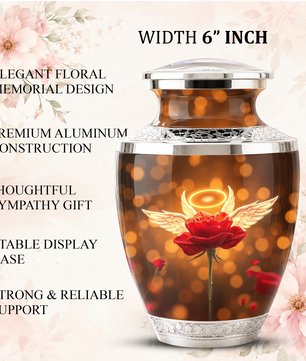 Red Rose Angel Cremation Urn for Ashes, Funeral Flower Memorial Urn for Adults