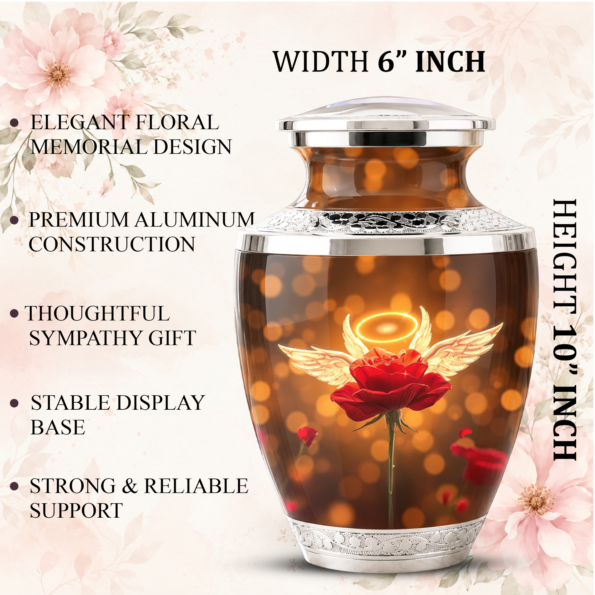 Red Rose Angel Cremation Urn for Ashes, Funeral Flower Memorial Urn for Adults