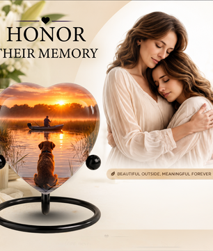 Sunset Fishing Dog Adult Urn for Human Ashes – Heart-Shaped Lake Memorial Adult Cremation Urn