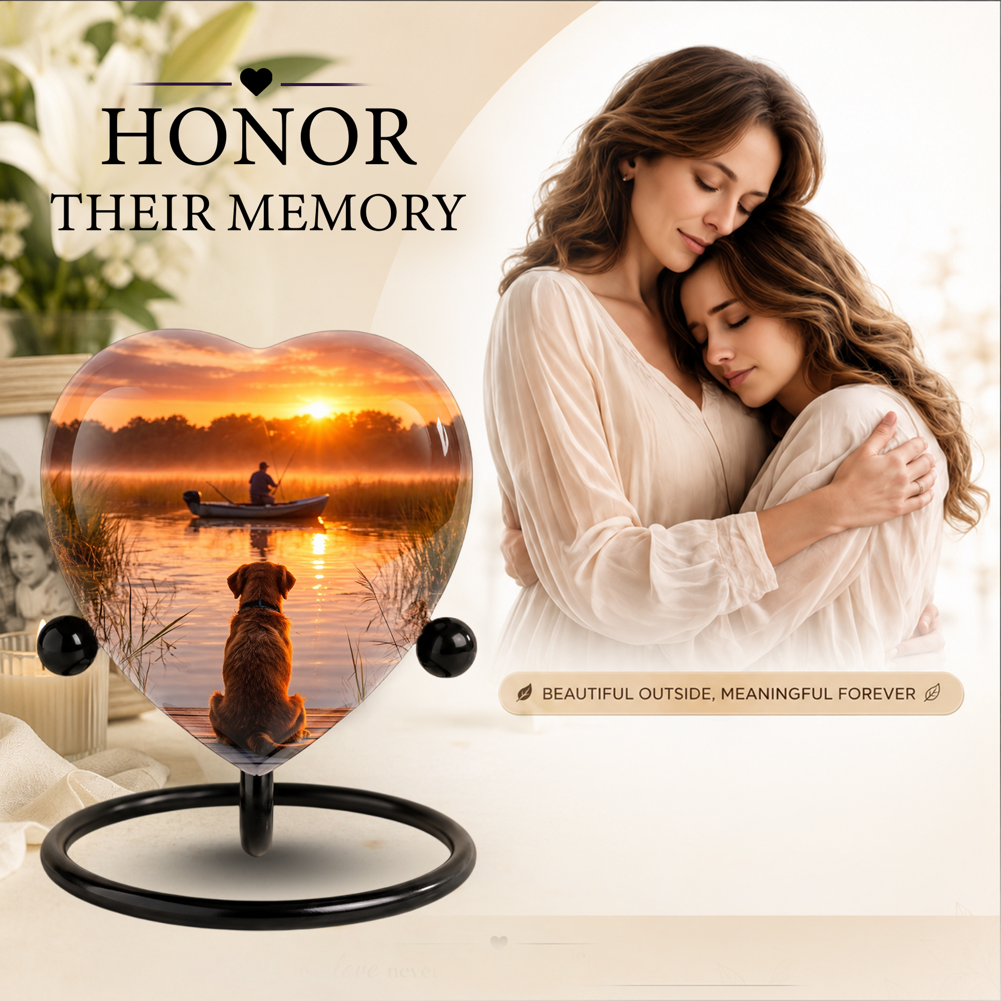 Sunset Fishing Dog Adult Urn for Human Ashes – Heart-Shaped Lake Memorial Adult Cremation Urn
