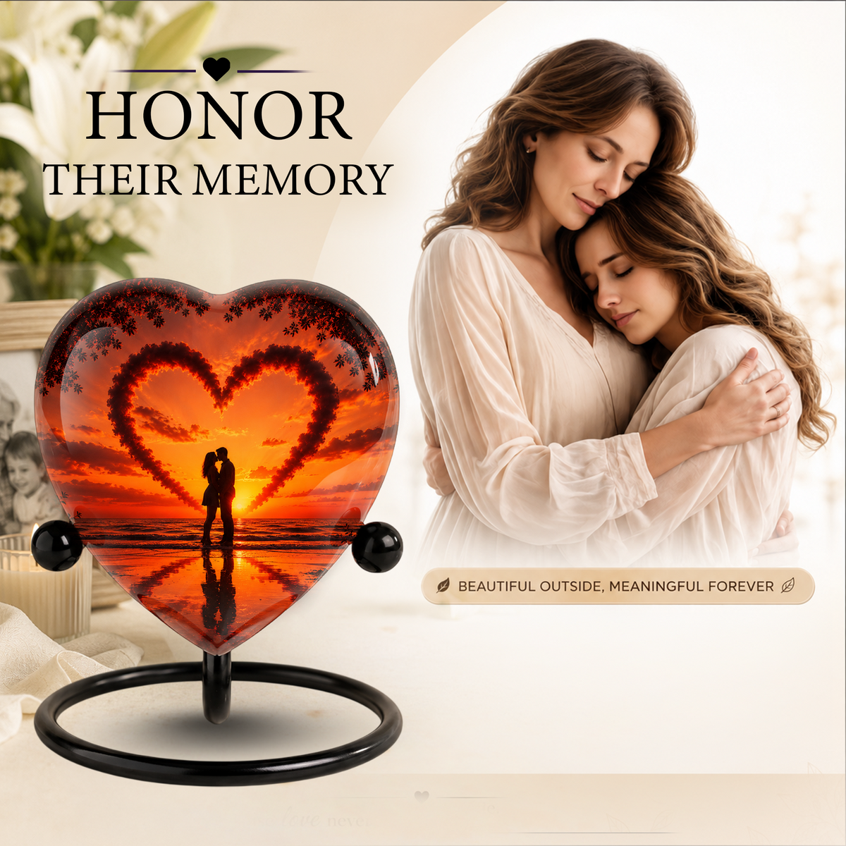 Sunset Heart Cremation Urn for Adult Ashes, Personalized Beach Urn for Human Ashes, Romantic Ocean Memorial Urn