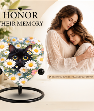 Personalized Black Cat Urn for Ashes – Heart-Shaped White Daisy Memorial,Floral Cat Cremation Urn
