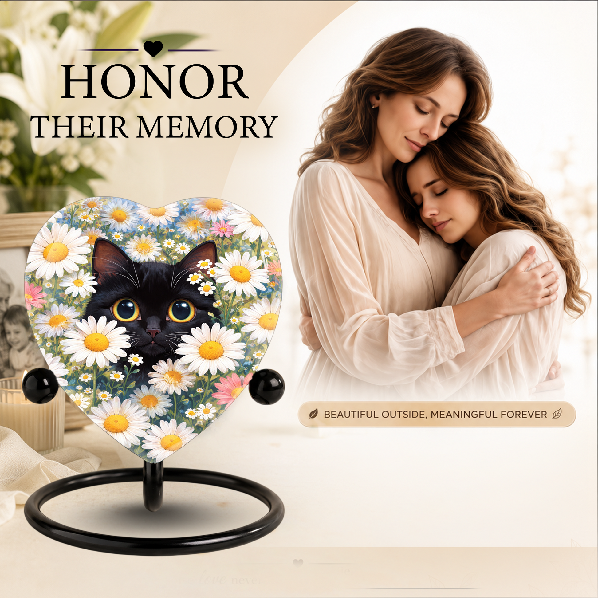 Personalized Black Cat Urn for Ashes – Heart-Shaped White Daisy Memorial,Floral Cat Cremation Urn