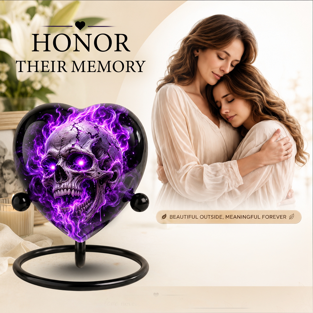 Purple Skull Adult Cremation Urn for Ashes, Gothic Skull Memorial Urn, Personalized Adult Urn, Halloween Horror Heart Shaped Cremation Urn