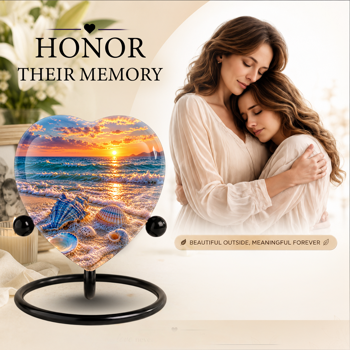 Seashell Beach Cremation Urn for Ashes, Ocean Sunset Memorial Urn, Seashell Urn, Coastal Heart Shaped Cremation Urn