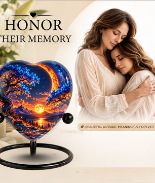 Heart Shaped Moon Urn for Ashes, Celestial Sunset Cremation Urn, Blue Tree and Crescent Moon Memorial Urn