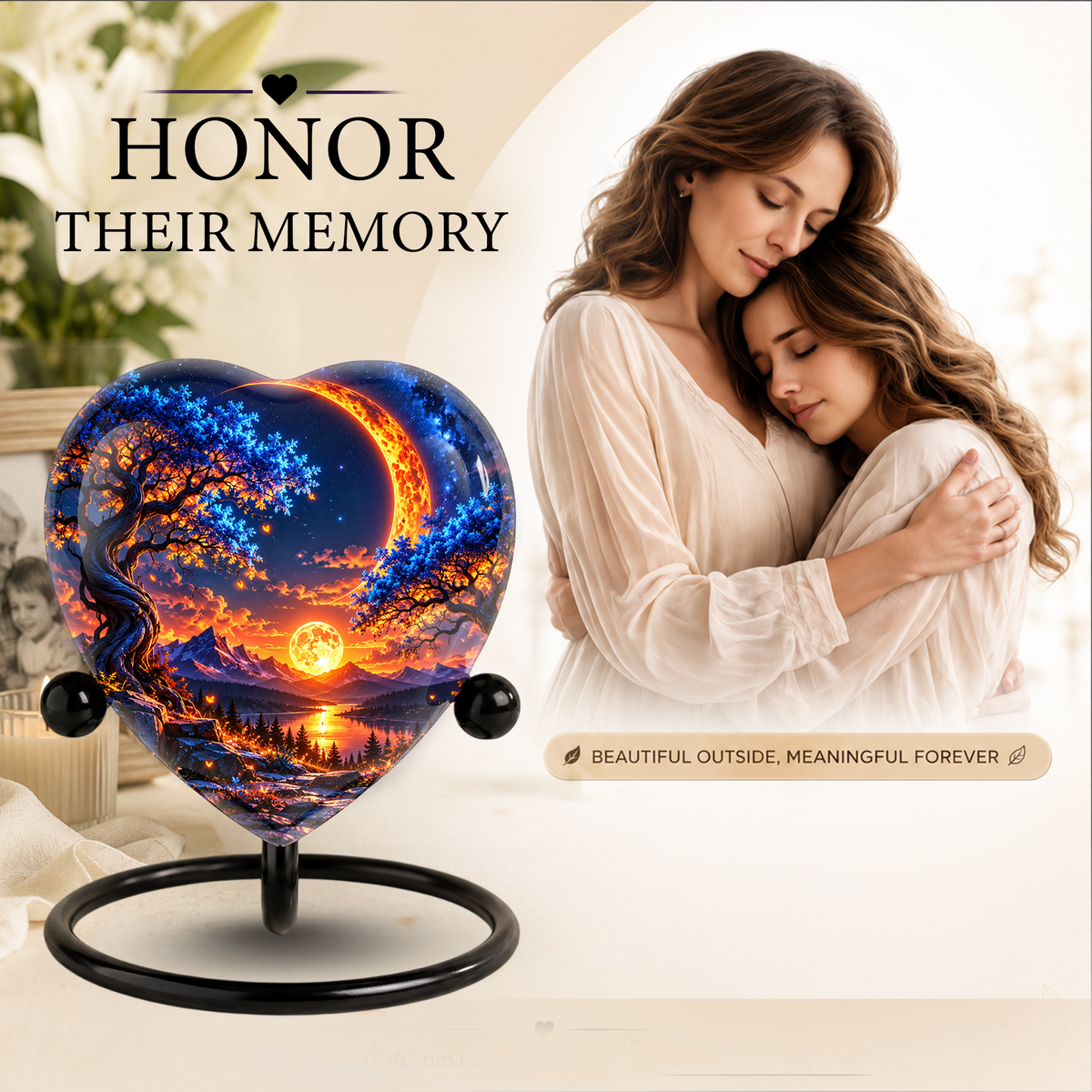 Heart Shaped Moon Urn for Ashes, Celestial Sunset Cremation Urn, Blue Tree and Crescent Moon Memorial Urn