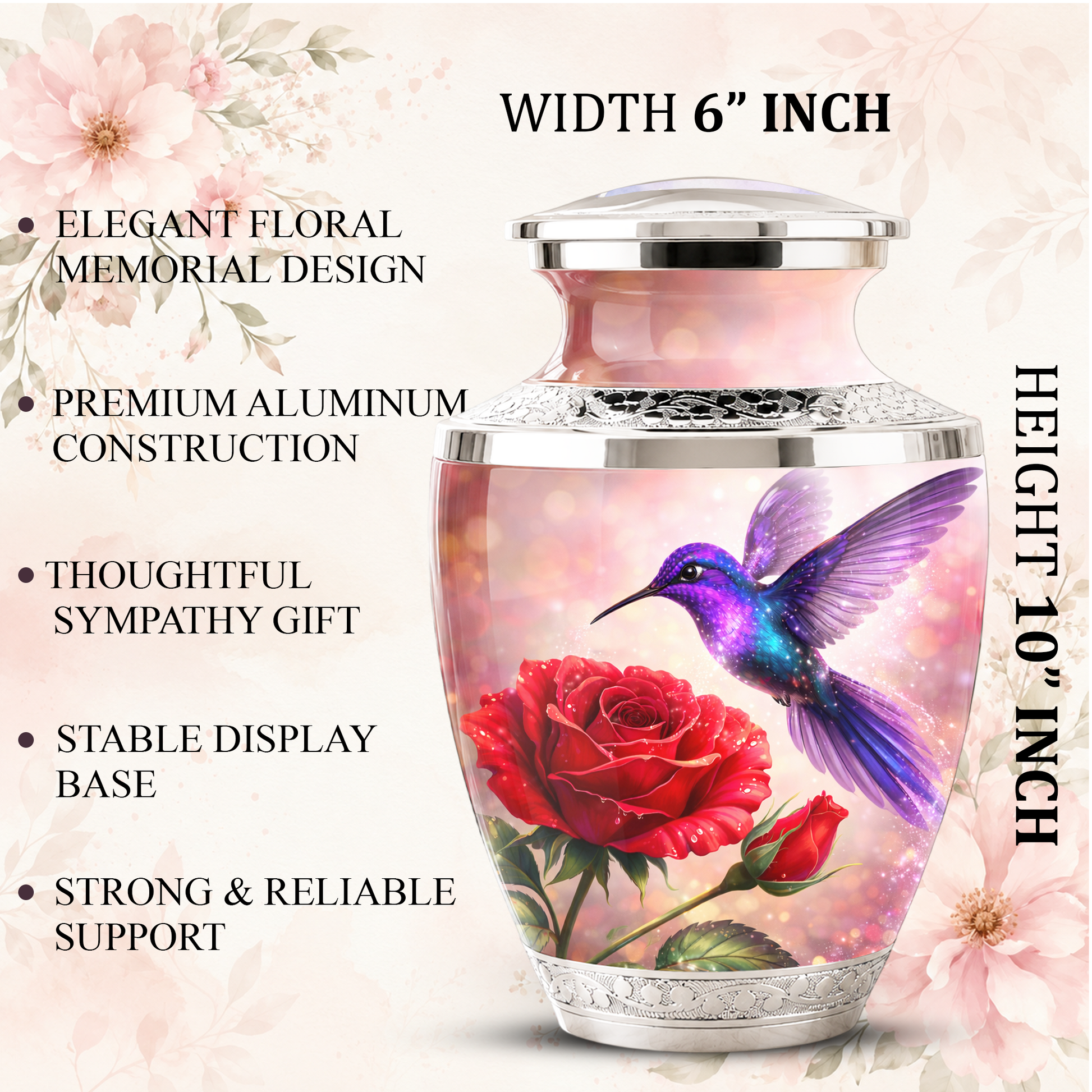 Rose Hummingbird Cremation Urn for Human Ashes, Personalized Memorial Urn for Adults