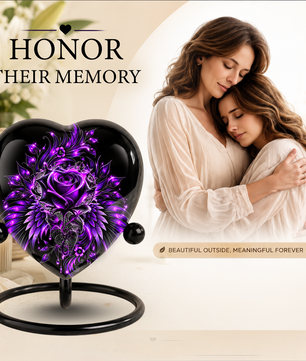 Purple Rose Heart Cremation Urn for Ashes, Purple Floral Urn, Heart Shaped Memorial Urn, Personalized Rose Urn, Gothic Flower Urn