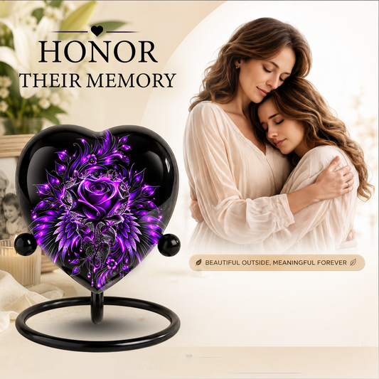 Purple Rose Heart Cremation Urn for Ashes, Purple Floral Urn, Heart Shaped Memorial Urn, Personalized Rose Urn, Gothic Flower Urn
