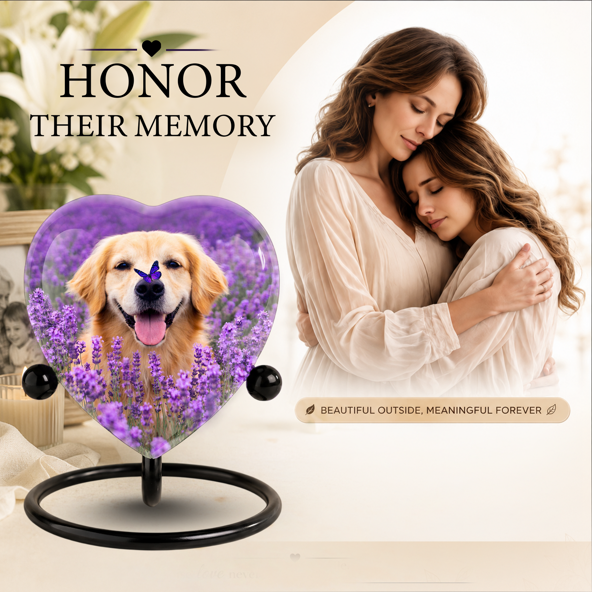 Personalized Dog Urn for Ashes – Golden Retriever Butterfly & Lavender Heart Memorial Pet Urn