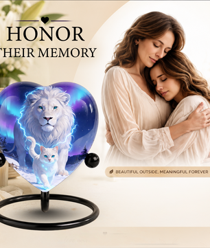 White Lion and White Cat Heart Memorial Urn – Adult Urn, Urns for Adult Ashes