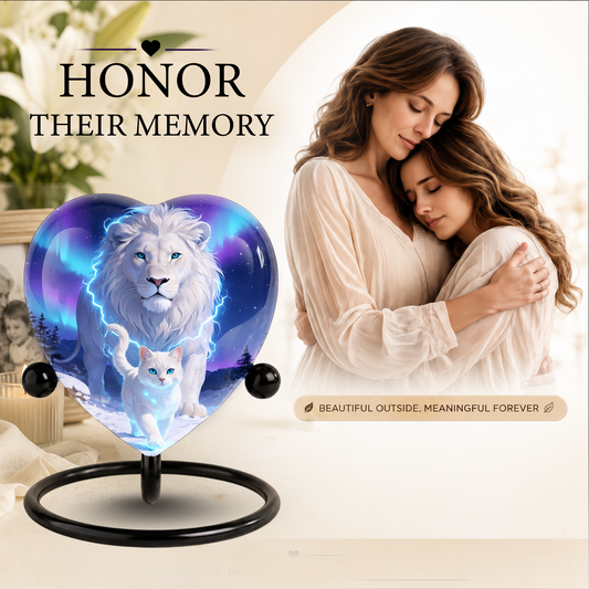 White Lion and White Cat Heart Memorial Urn – Adult Urn, Urns for Adult Ashes