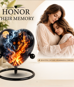 Fire and Ice Wolf Adult Urn for Ashes, Fiery Wolf Memorial Urn, Black Wolf Cremation Urn