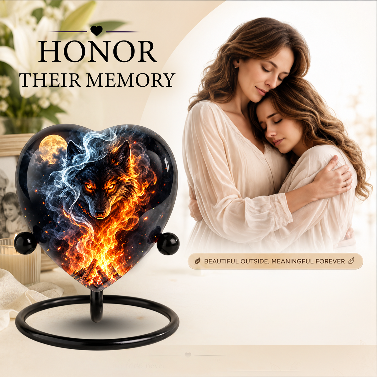 Fire and Ice Wolf Adult Urn for Ashes, Fiery Wolf Memorial Urn, Black Wolf Cremation Urn