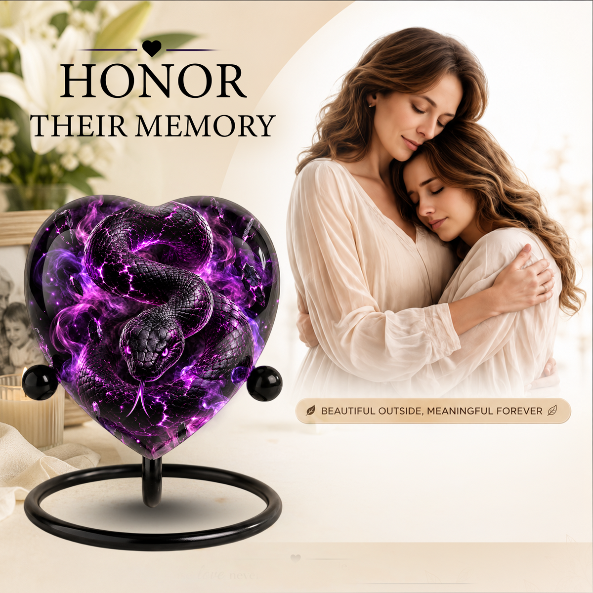 Purple Snake Cremation Urn for Ashes, Snake Memorial Urn, Gothic Serpent Adult Urn, Personalized Snake Urn for Men, Heart Shaped Cremation Urn