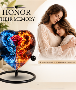 Heart Shaped Red Rose Urn for Ashes, Blue and Orange Flame Cremation Urn