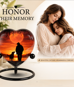 Heart Shaped Urn for Dad – Sunset Memorial Urn with Man & Dog, Personalized Urn for Dad,