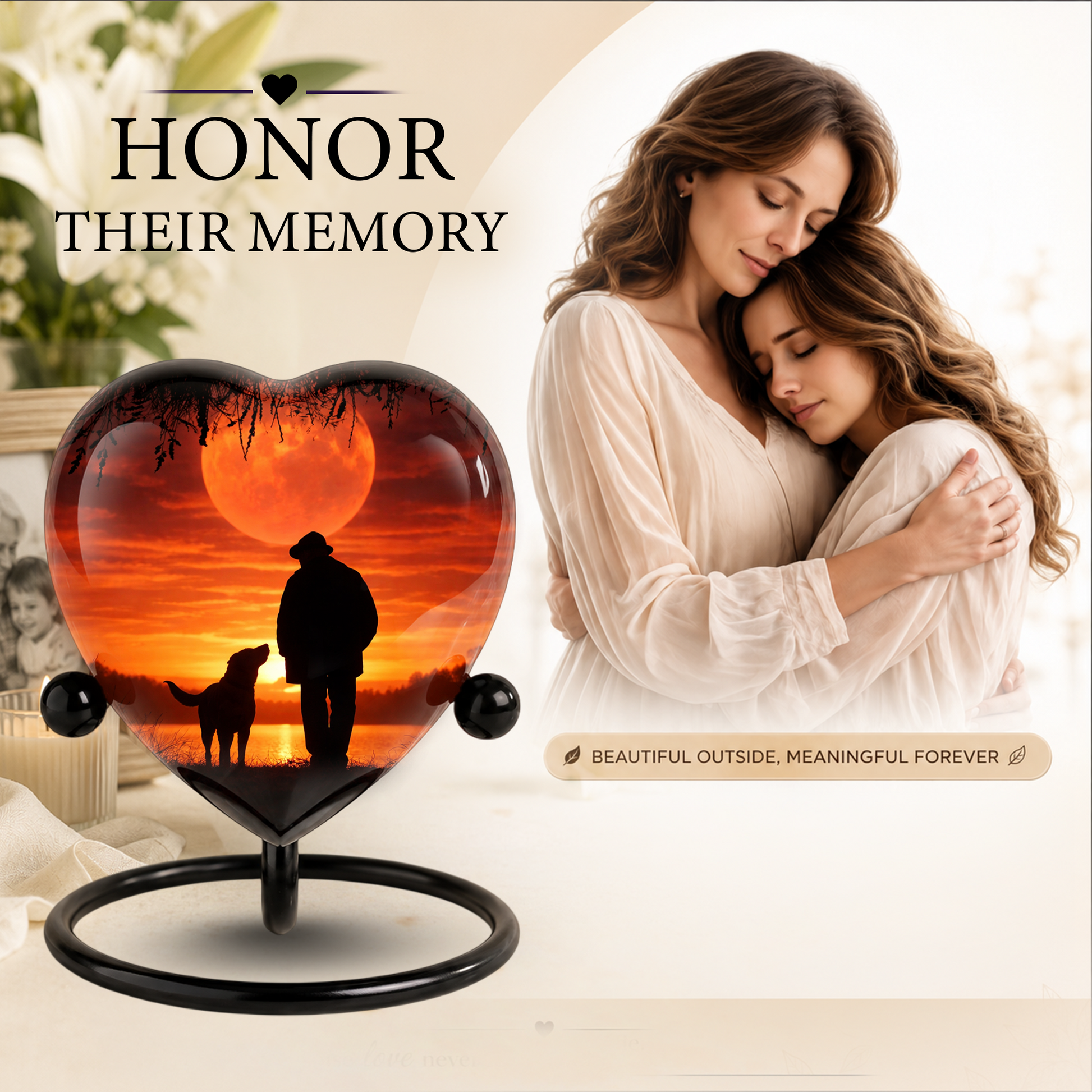 Heart Shaped Urn for Dad – Sunset Memorial Urn with Man & Dog, Personalized Urn for Dad,