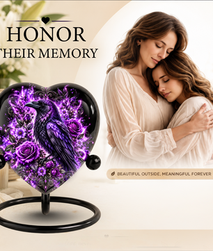 Purple Raven Heart Cremation Urn for Ashes, Raven Memorial Urn, Purple Floral Urn, Crow Urn for Ashes, Gothic Heart Cremation Urn