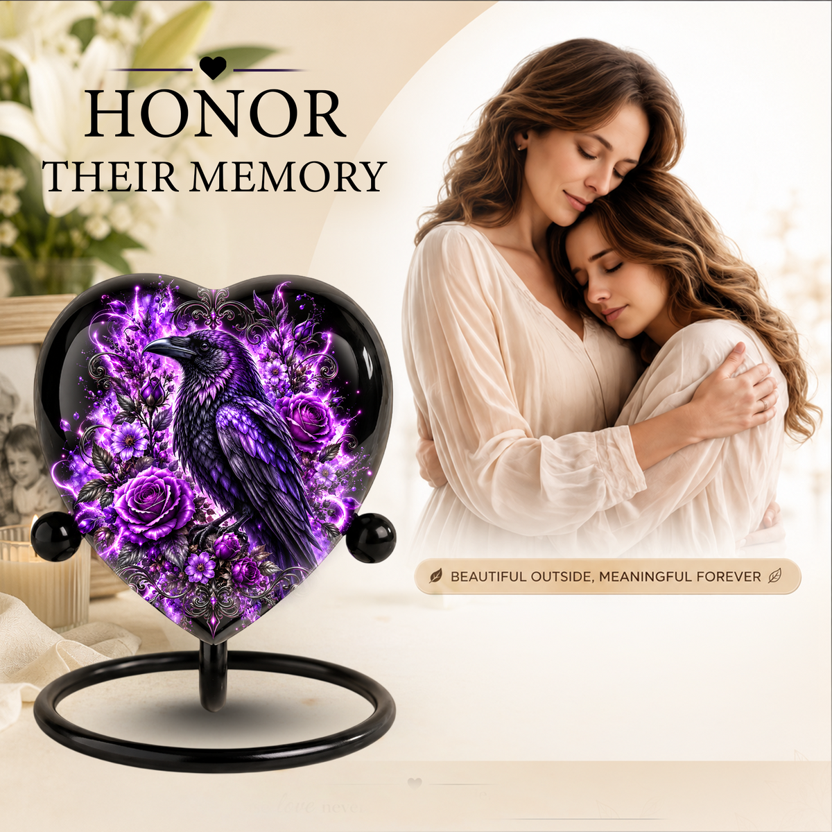 Purple Raven Heart Cremation Urn for Ashes, Raven Memorial Urn, Purple Floral Urn, Crow Urn for Ashes, Gothic Heart Cremation Urn