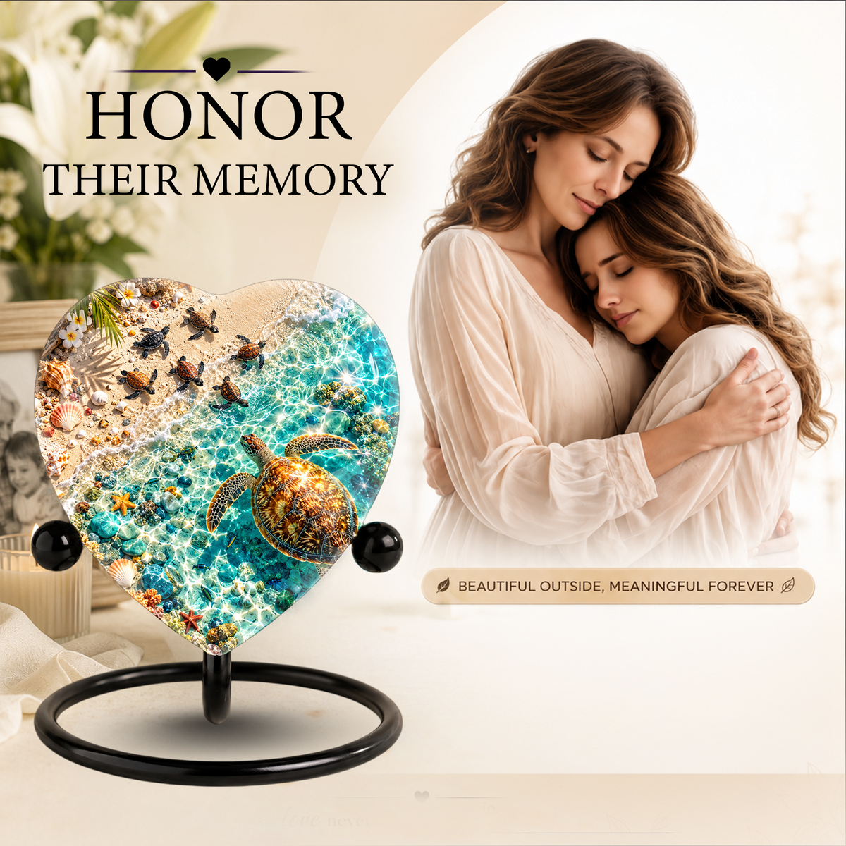 Sea Turtle Cremation Urn for Ashes, Turtle Beach Memorial Urn, Ocean Life Heart Urn