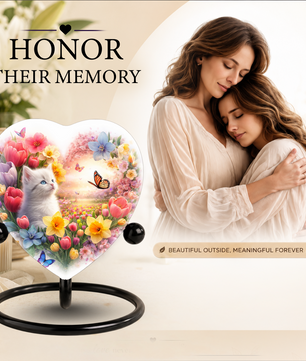 Personalized Cat Urn for Ashes – Heart-Shaped Floral Butterfly Memorial Adult Urn for Cremation Ashes