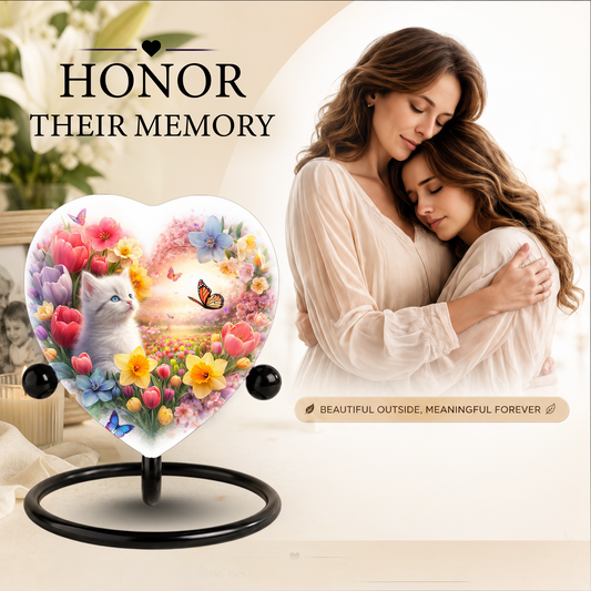 Personalized Cat Urn for Ashes – Heart-Shaped Floral Butterfly Memorial Adult Urn for Cremation Ashes