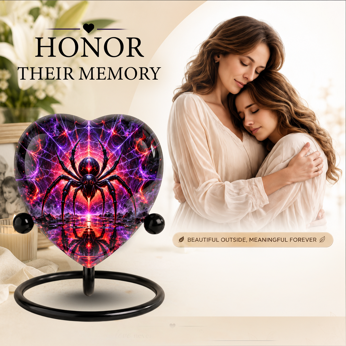 Spider Cremation Urn for Ashes, Gothic Spider Memorial Urn, Black Widow Spider Urn, Web Themed Adult Urn, Personalized Heart Shaped Urn