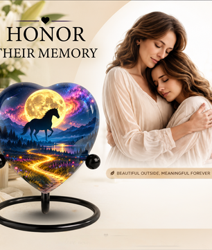 Horse Adult Urn for Ashes, Black Horse and Golden Moon Memorial Urn, Celestial Mountain Cremation Urn