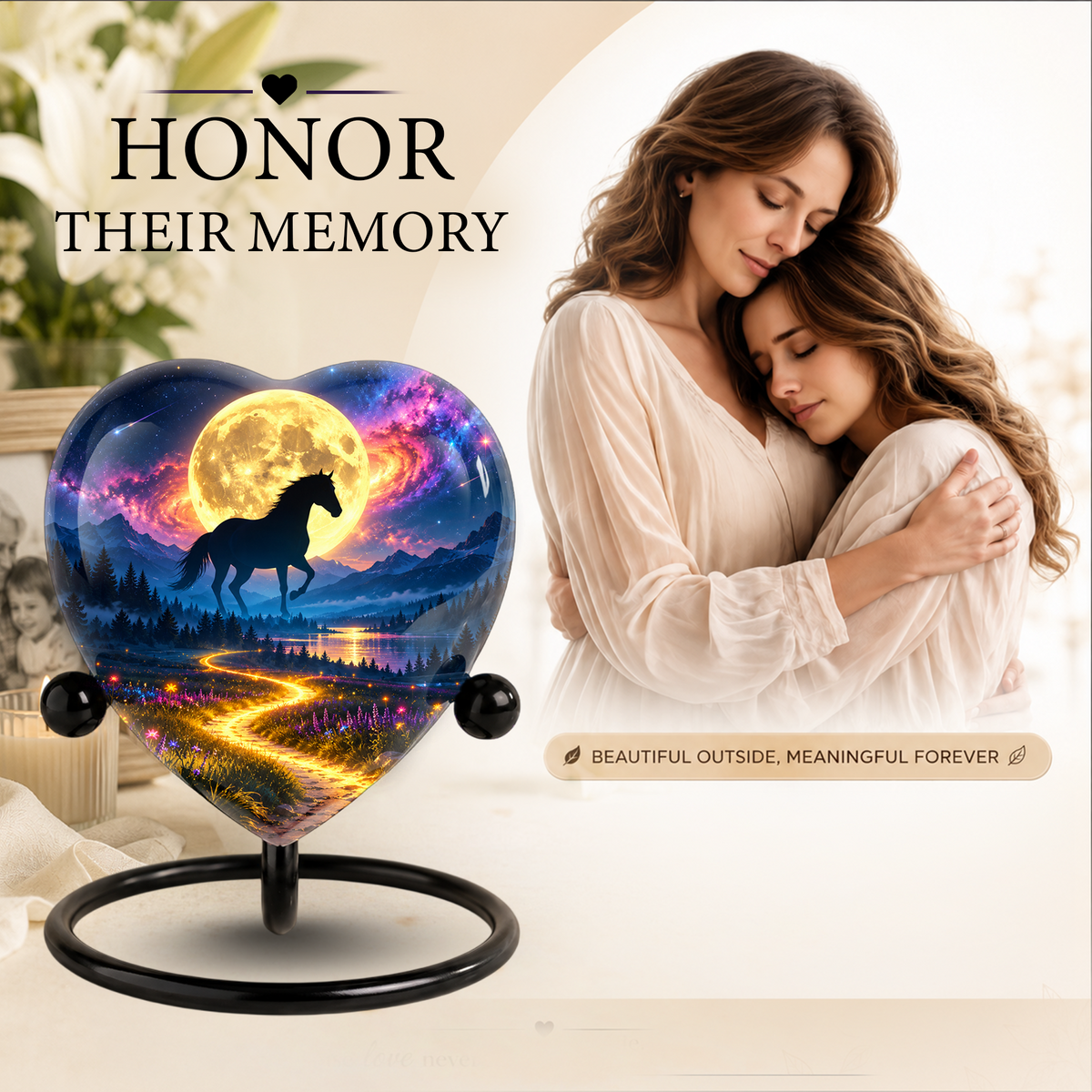 Horse Adult Urn for Ashes, Black Horse and Golden Moon Memorial Urn, Celestial Mountain Cremation Urn