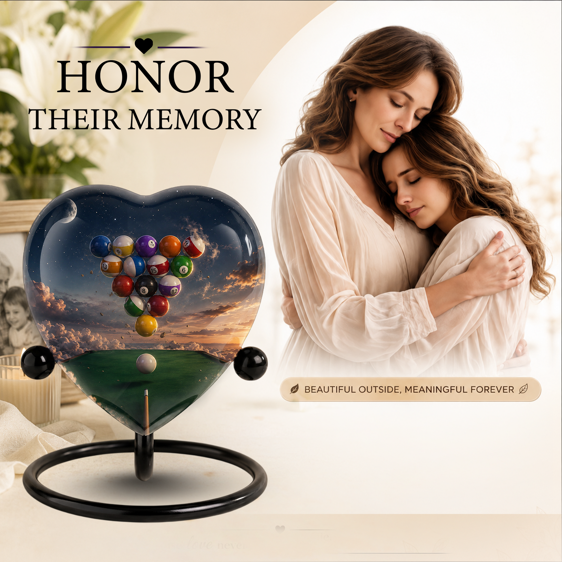 Billiards Pool Table Adult Urn – Pool Balls Sunset Heart Design Adult Cremation Urn for Ashes
