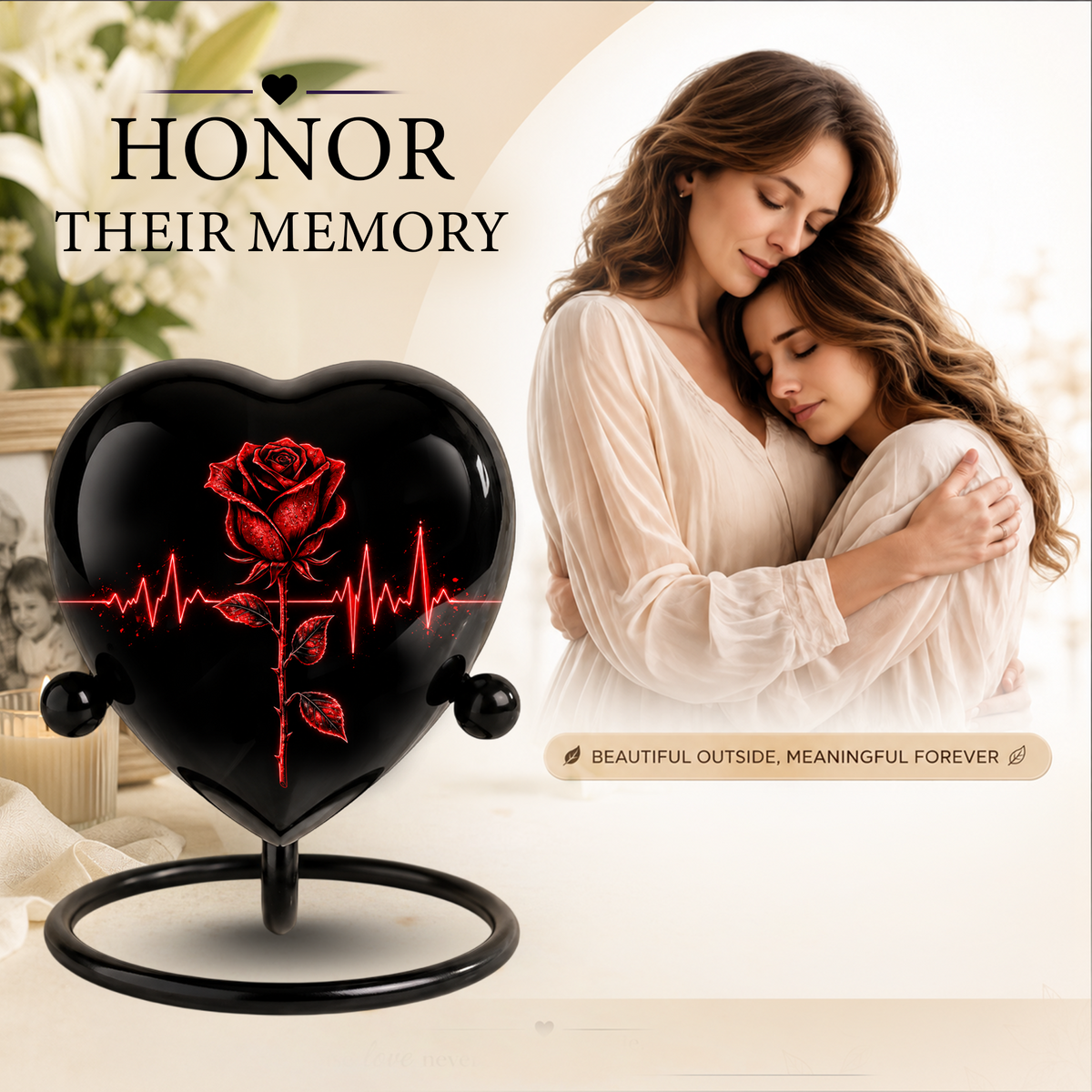 Red Rose Heart Cremation Urn for Ashes, Rose Memorial Urn, Heartbeat Rose Urn, Personalized Adult Cremation Urn, Romantic Floral Urn