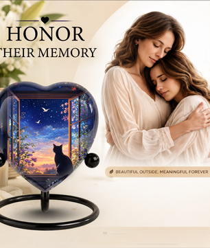 Black Cat Sunset Memorial Adult Urn – Heart-Shaped Adult Urn for Ashes Adult Cremation Urns, Urn for Ashes Adult