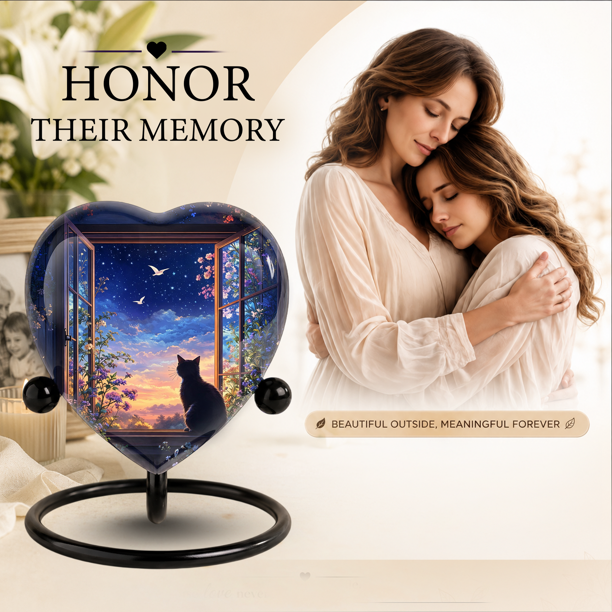 Black Cat Sunset Memorial Adult Urn – Heart-Shaped Adult Urn for Ashes Adult Cremation Urns, Urn for Ashes Adult