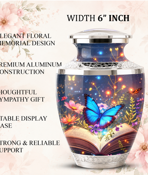 Butterfly Book Cremation Urn for Female - Blue Butterfly Floral Book Urn for Human Ashes