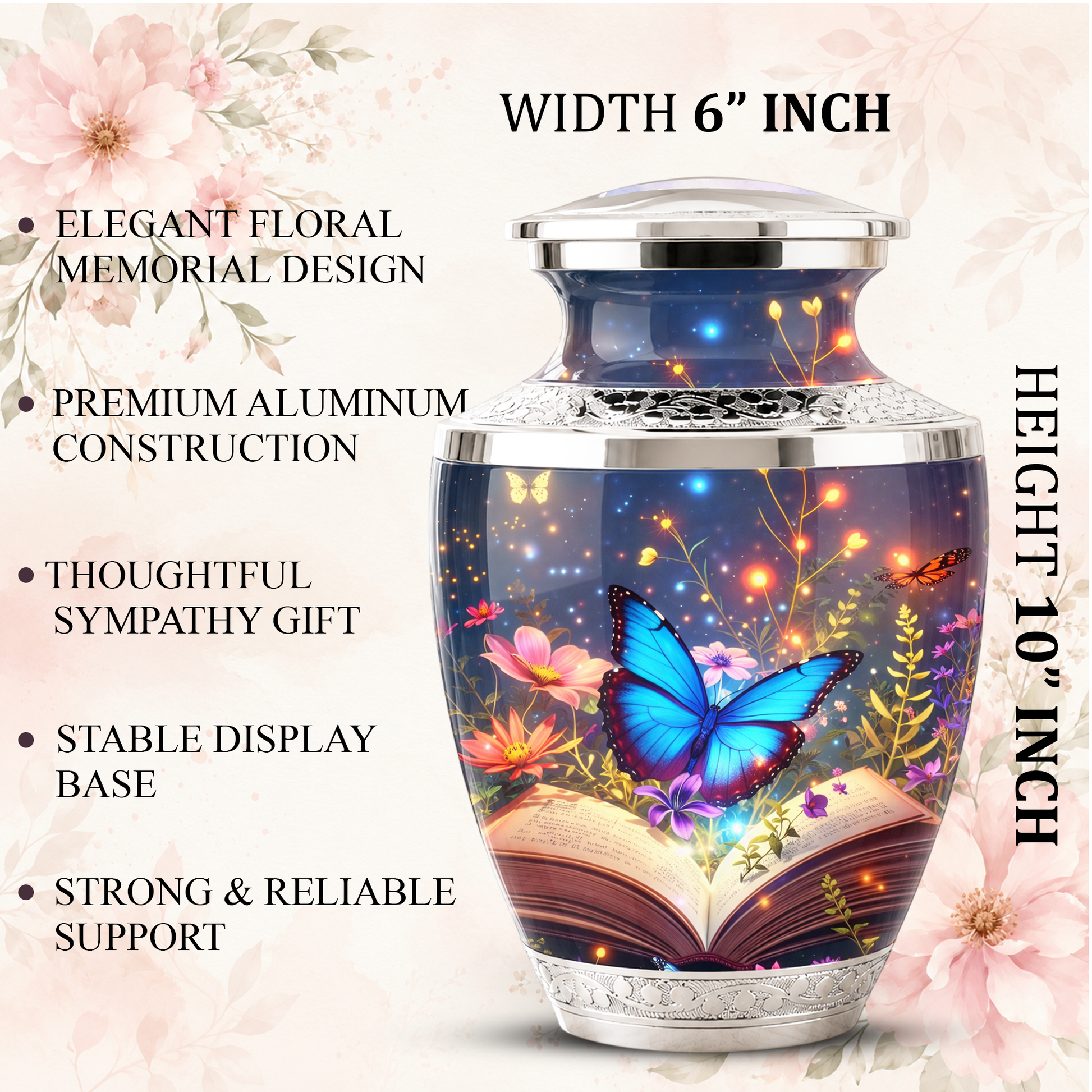 Butterfly Book Cremation Urn for Female - Blue Butterfly Floral Book Urn for Human Ashes