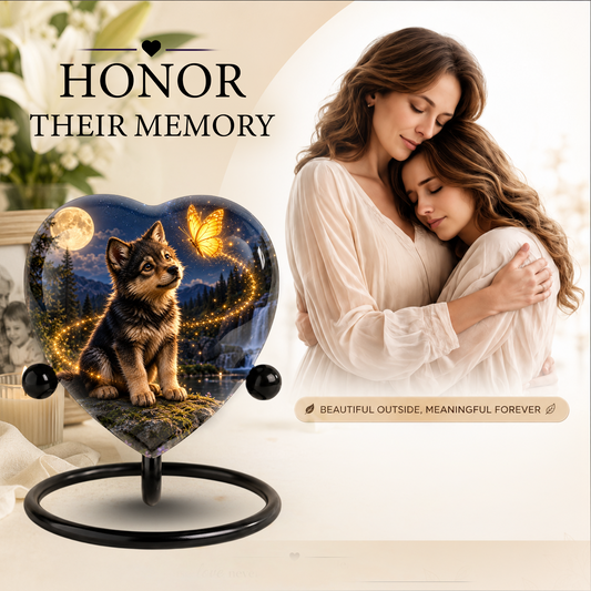 Wolf Memorial Wind Chime – Heart-Shaped Wolf and Butterfly Remembrance Garden Decoration