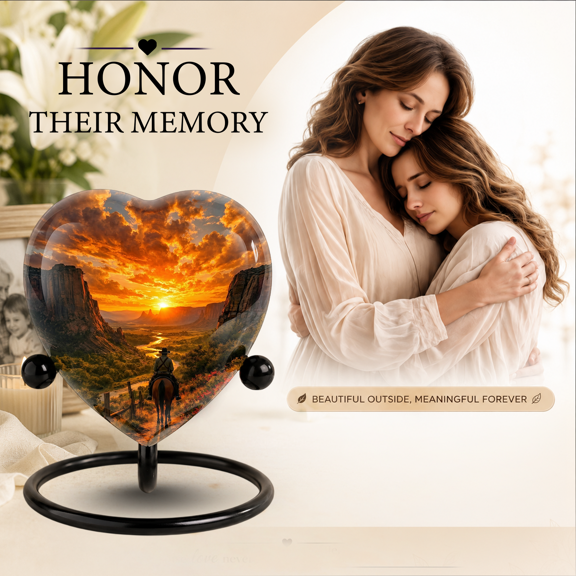 Cowboy Sunset Urn for Dad – Western Heart Shaped Memorial Urn for Father, Son & Men