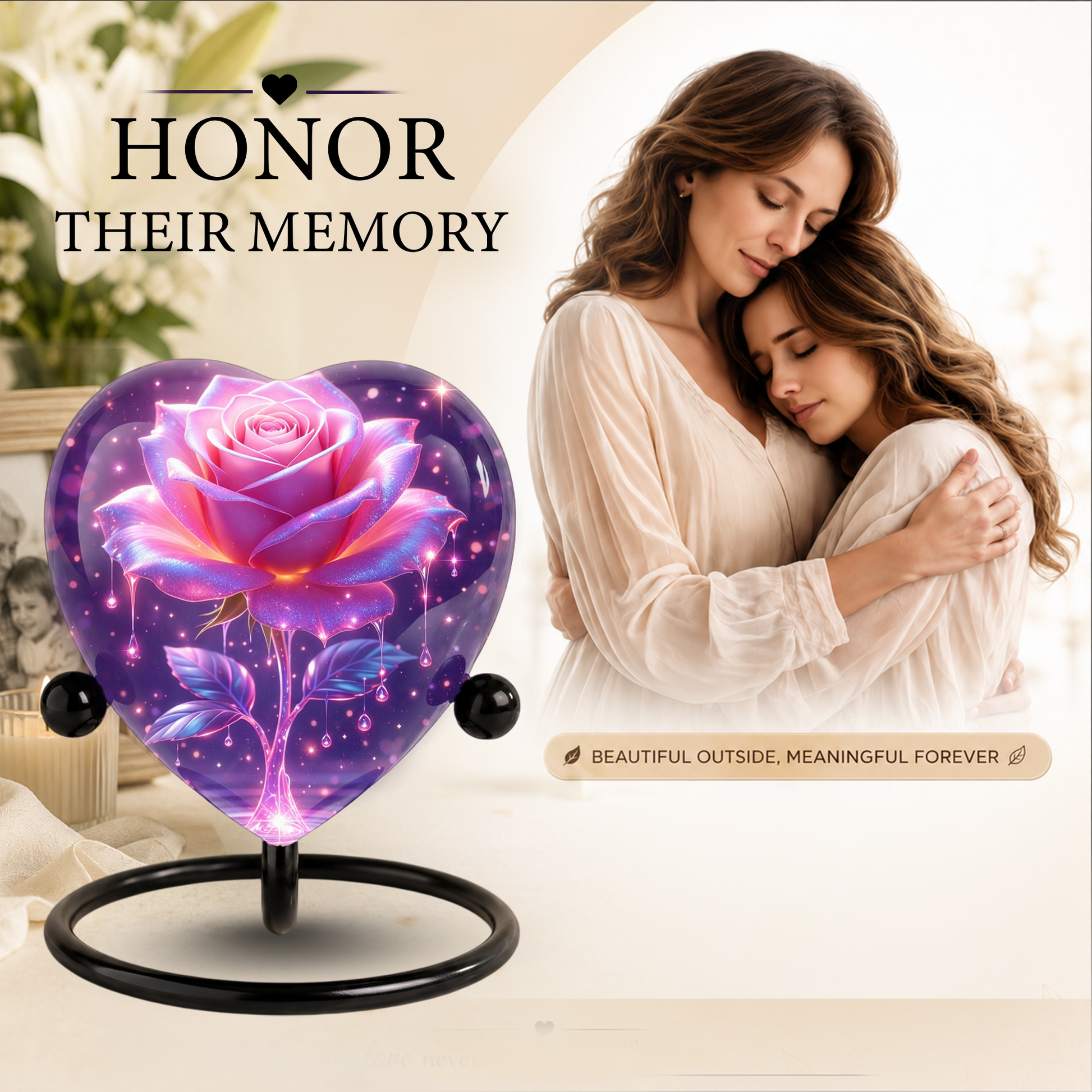 Rose Heart Urn for Mom – Personalized Keepsake Urn for Mom, Beautiful Cremation Urn for Female Ashes