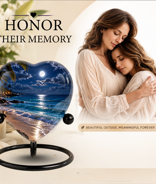 Beach Sunset Heart Cremation Urn for Ashes, Moonlit Ocean Urn, Personalized Coastal Urn