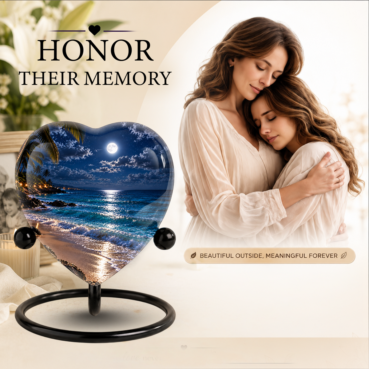 Beach Sunset Heart Cremation Urn for Ashes, Moonlit Ocean Urn, Personalized Coastal Urn