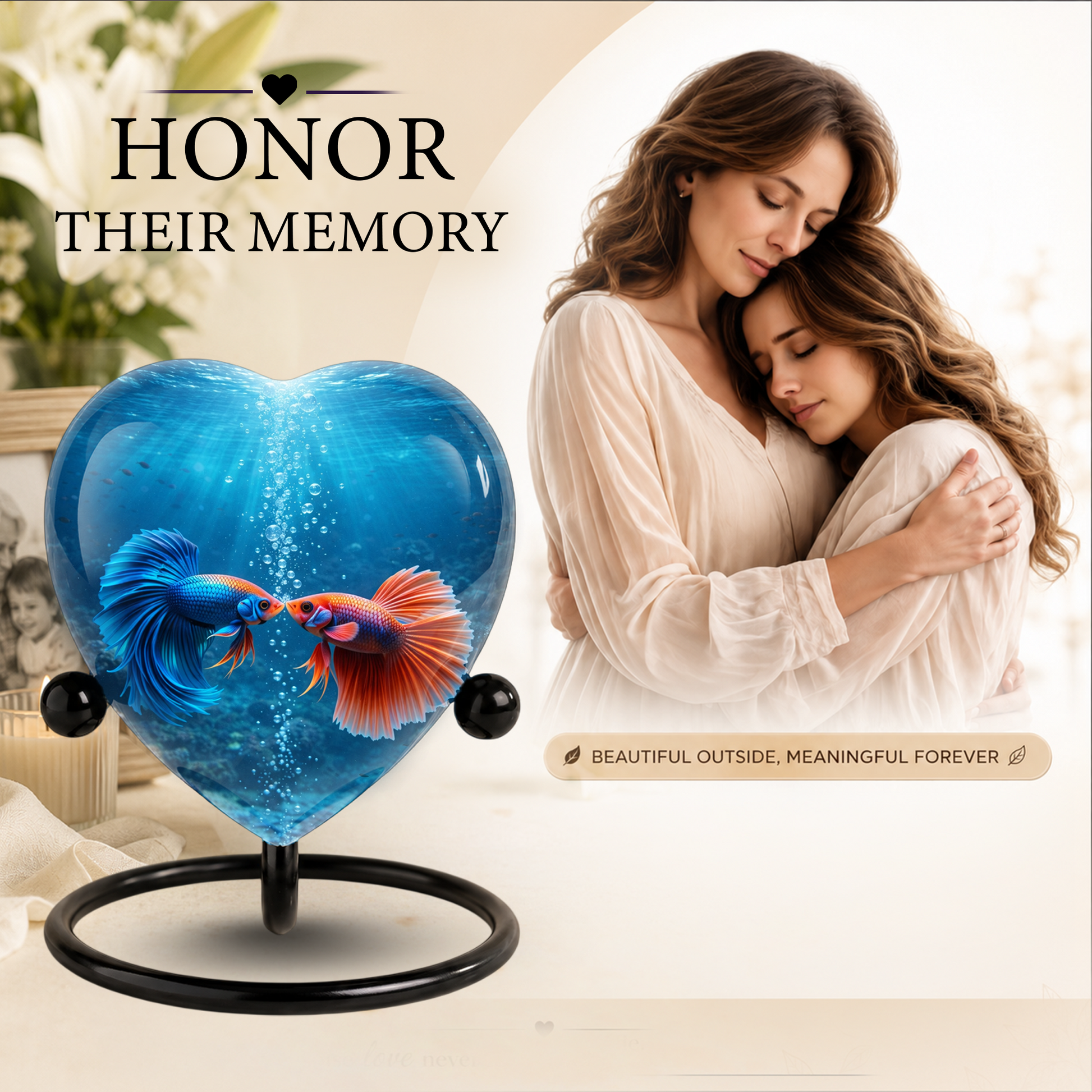 Heart-Shaped Betta Fish Cremation Urn – Beautiful Memorial Keepsake Urn for Adult Ashes, Unique Fish Urn for Loved Ones