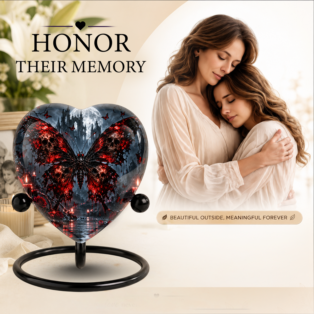 Gothic Butterfly Cremation Urn for Ashes, Skull Butterfly Urn, Red Black Gothic Memorial Urn, Halloween Heart Urn, Personalized Keepsake