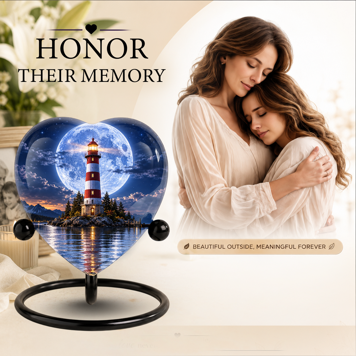 Lighthouse Adult Cremation Urn for Ashes, Personalized Ocean Memorial Urn, Moonlight Lighthouse Urn, Coastal Adult Urn, Heart Cremation Urn